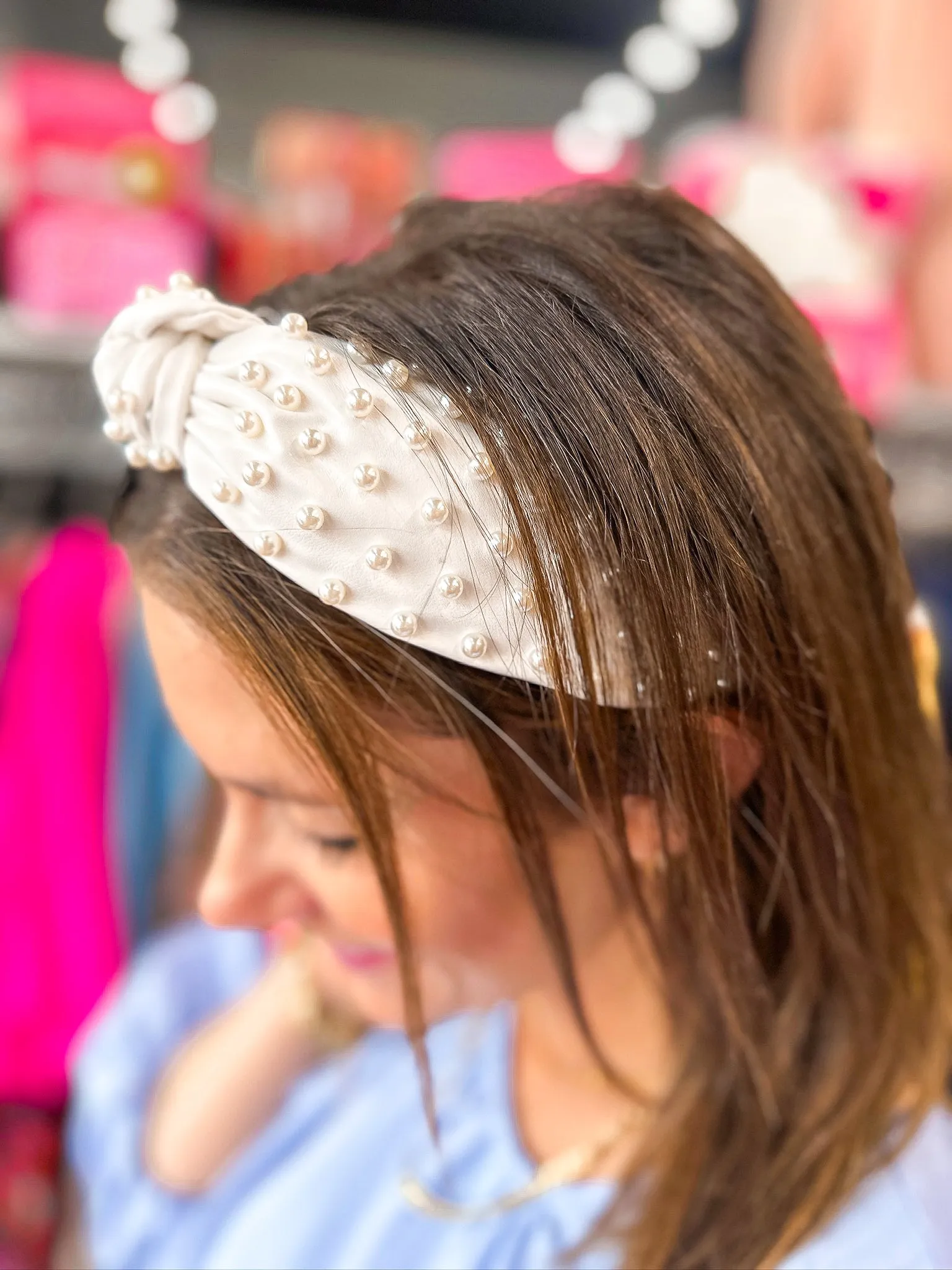 Vegan Leather Knot Headband with Pearls