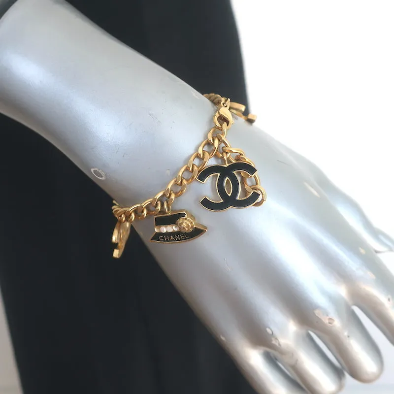 Vintage Chanel 02A CC Jacket Charm Bracelet Gold Chain Link & Black Enamel