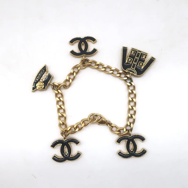 Vintage Chanel 02A CC Jacket Charm Bracelet Gold Chain Link & Black Enamel