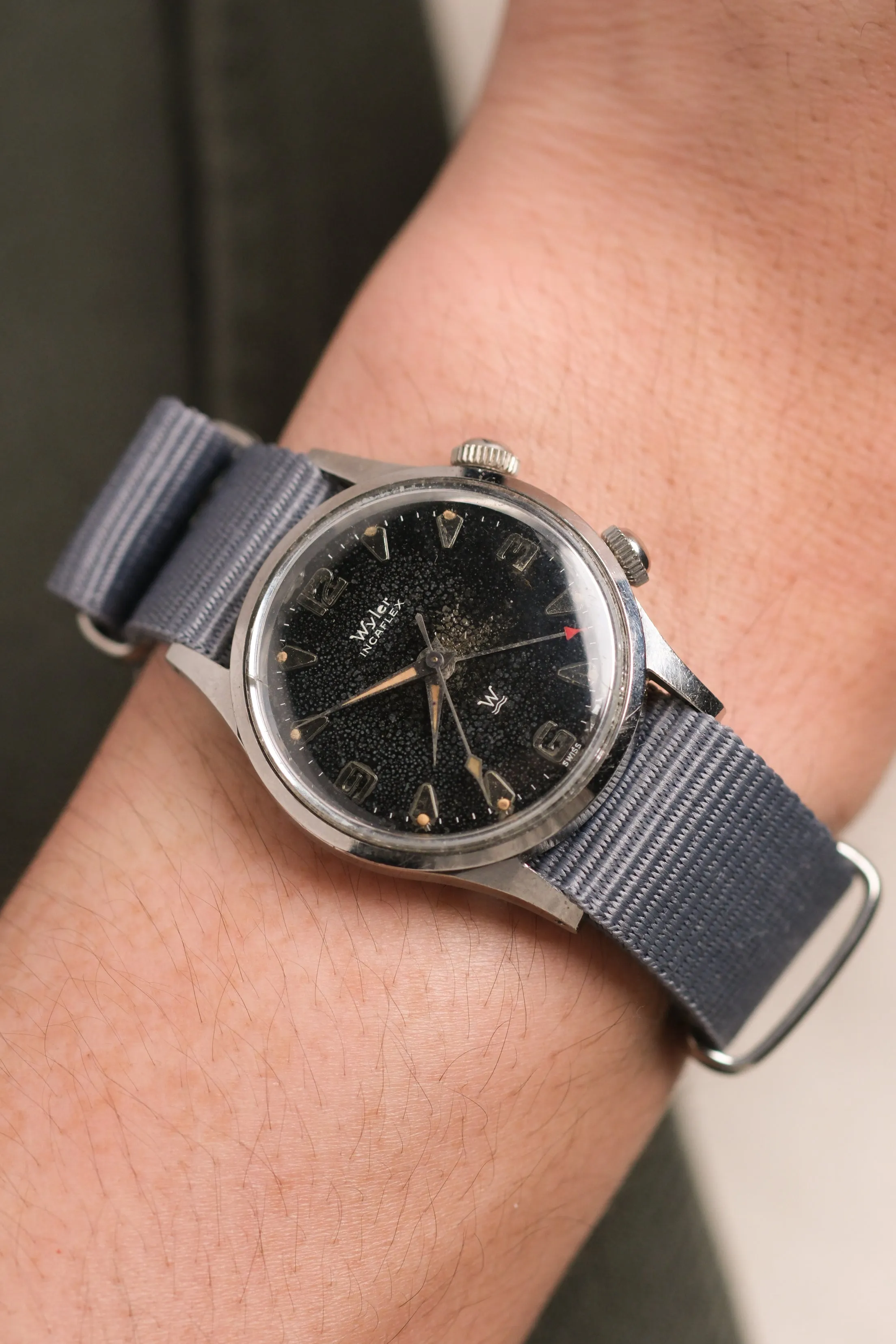 Vintage Wyler Alarm 'Shark Skin Dial' w/ Orange Patina - 1950's