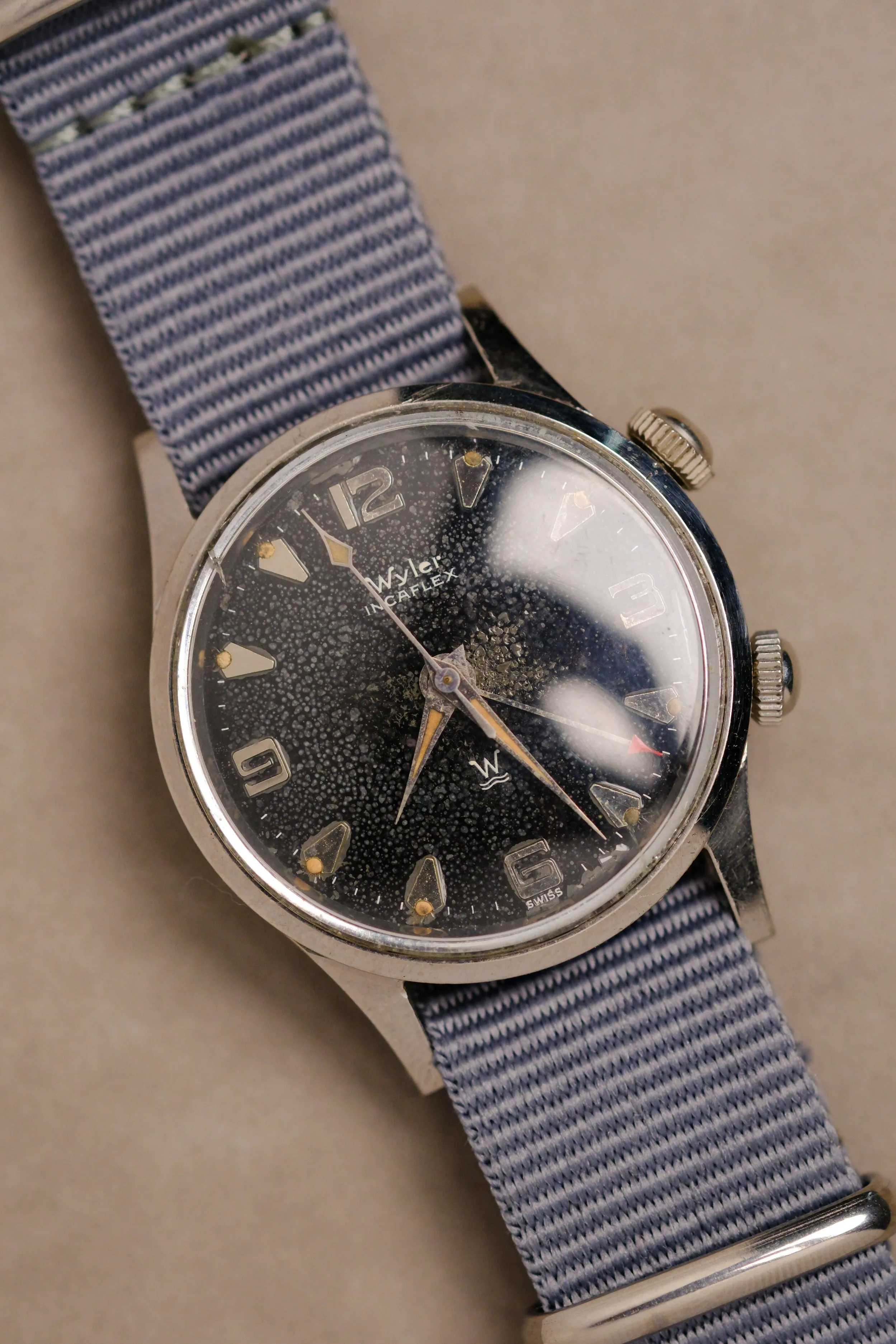 Vintage Wyler Alarm 'Shark Skin Dial' w/ Orange Patina - 1950's