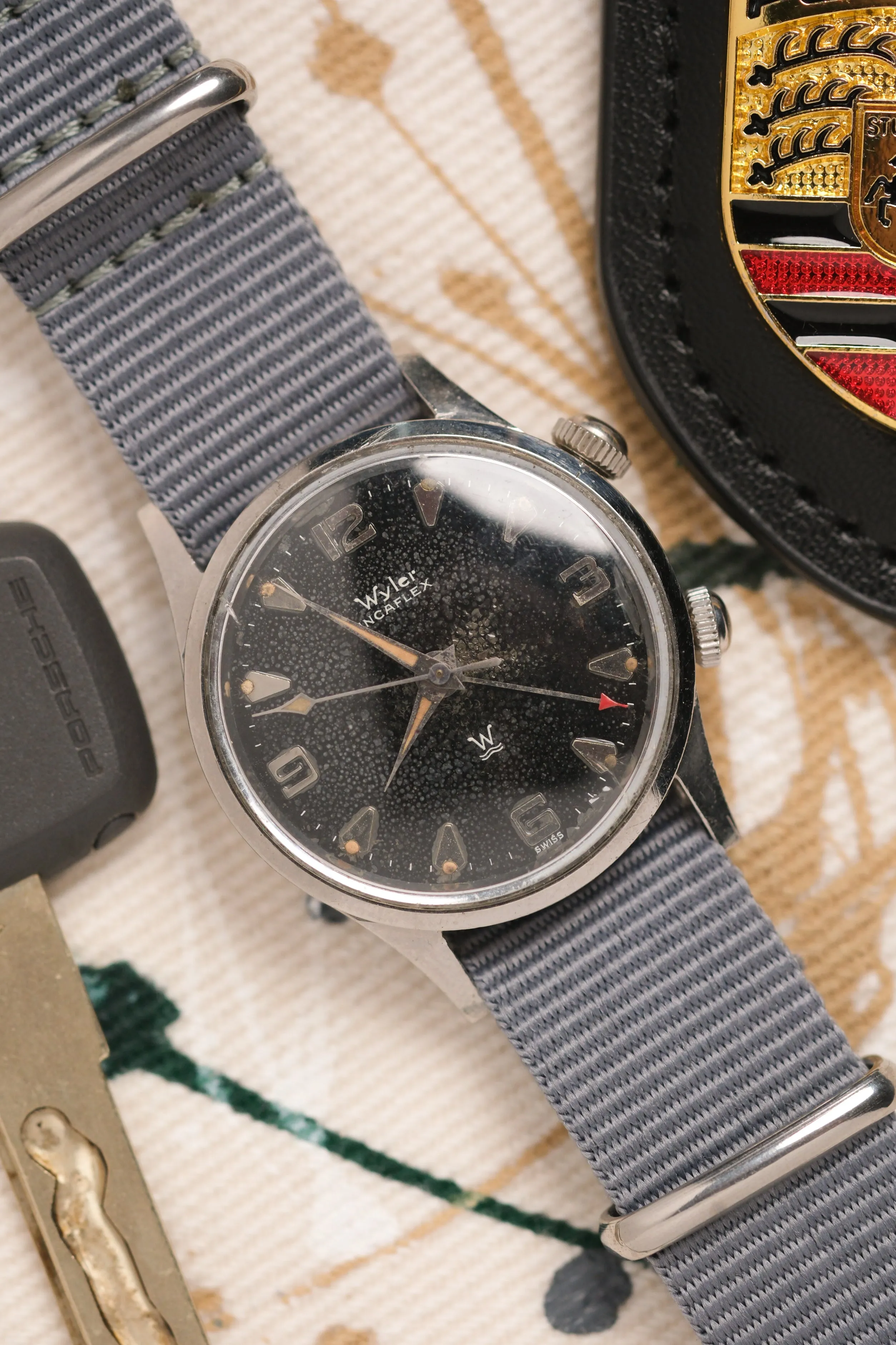 Vintage Wyler Alarm 'Shark Skin Dial' w/ Orange Patina - 1950's
