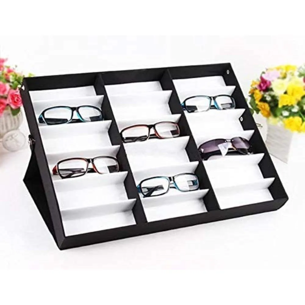 VOSAREA 18 Grid Sunglasses Storage Box Organizer Glasses Display Case Stand Holder Eyeglasses Box Sunglasses Case with Foldable Lid (White Lining/Black Lid)