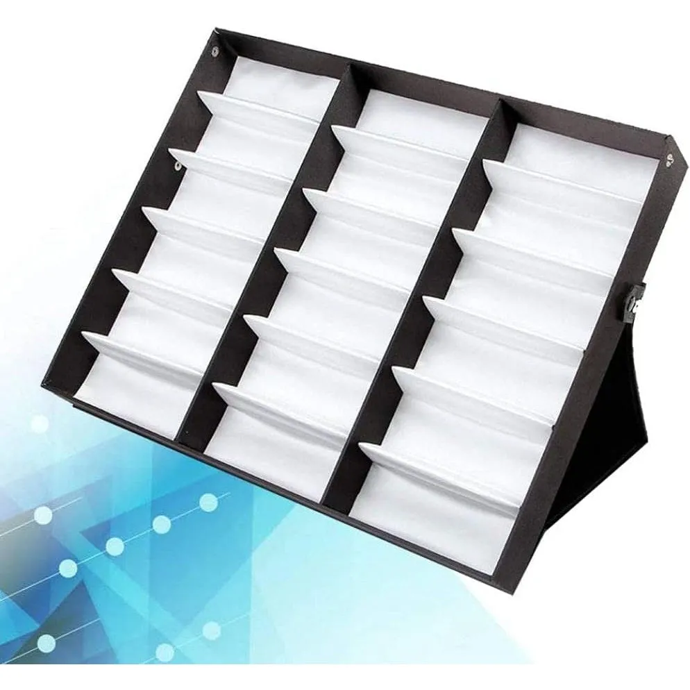 VOSAREA 18 Grid Sunglasses Storage Box Organizer Glasses Display Case Stand Holder Eyeglasses Box Sunglasses Case with Foldable Lid (White Lining/Black Lid)